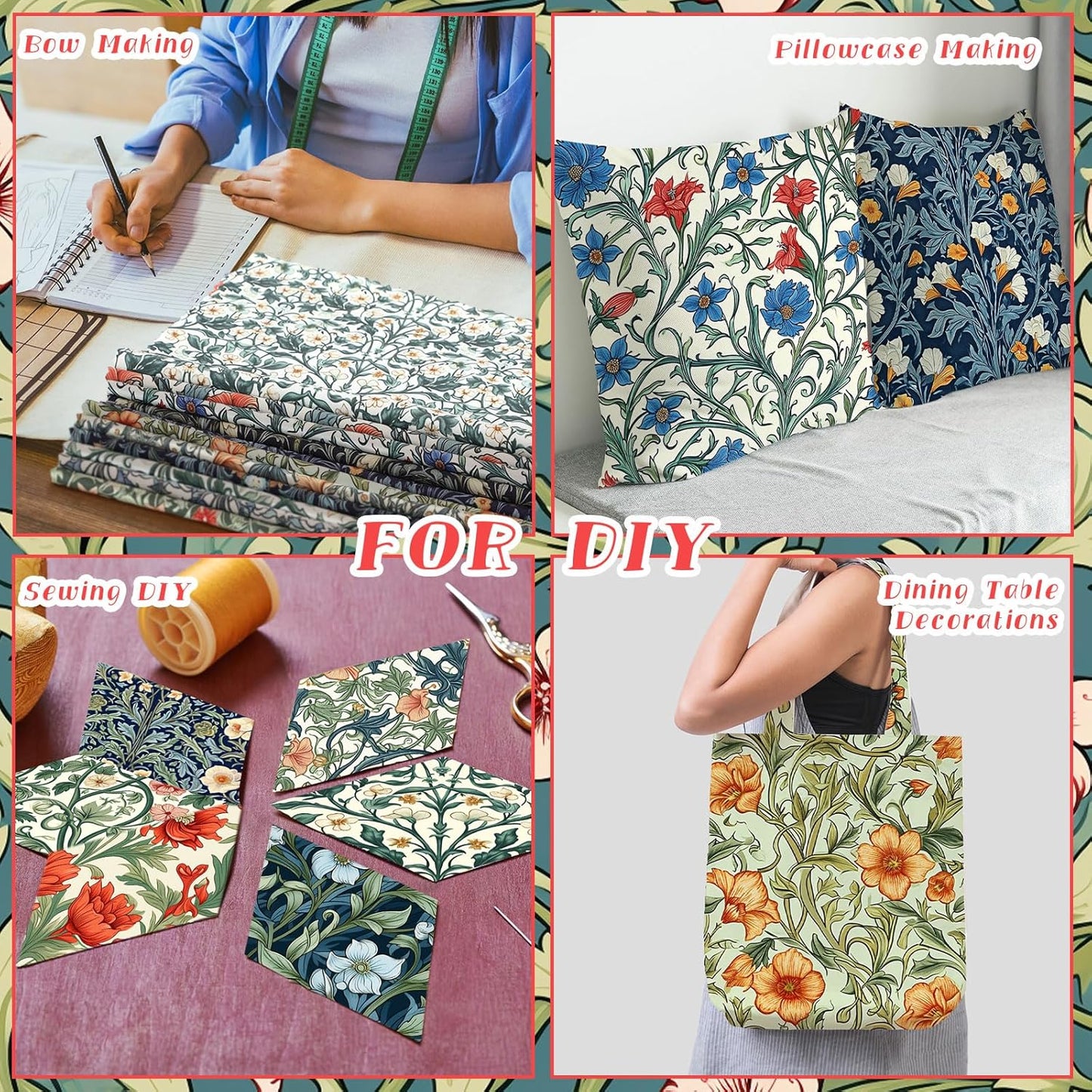 Ganeen 60 Pcs 10 x 10 Inch William Morris Floral Quilting Fabric Squares Vintage Floral Fat Patchwork Precut Strips Retro Multicolor Fabric Bundles for Holiday DIY Craft Sewing Quilt Material Handmade