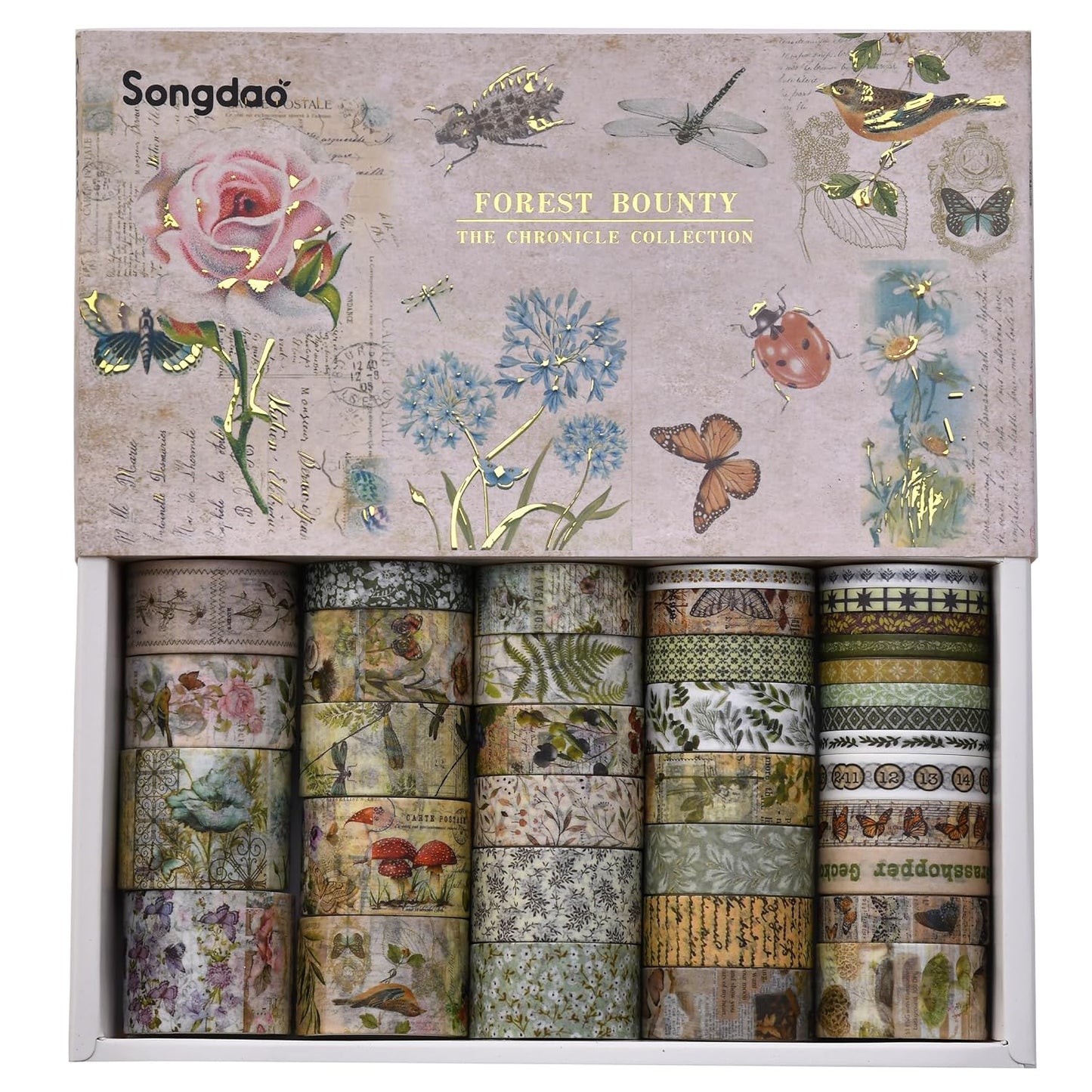 36 Rolls Vintage Washi Tape Pack Retro Arts Adhesive Tapes Wide Chronicle Decorative Masking Tape Sets for Craft, Kids, Scrapbook, DIY, Gift Wrapping (Forest Praise)