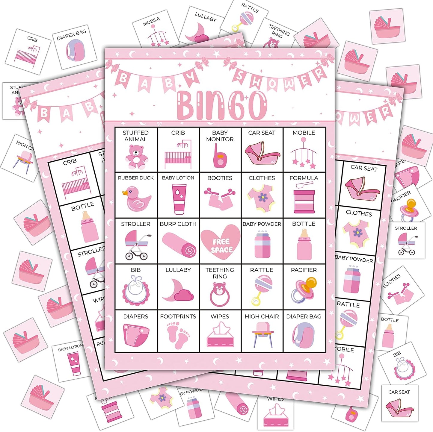 Pink Shower Party Bingo Cards, Shower Bingo Game, Shower Party Games for Adults, Gender Reveal Party Games Favors Supplies Decorations, 24 Players Bingo Game (A03)