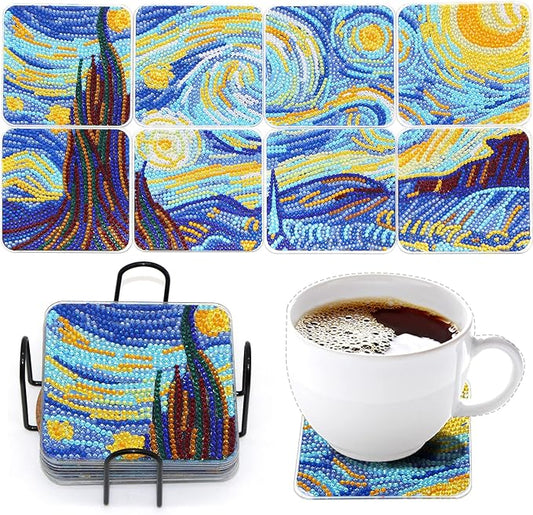 Diamond Art Coasters Kit with Holder, 8 Pcs Diamond Art Coasters for Adults Kids Beginners Crafts Gifts (Starry-Night)
