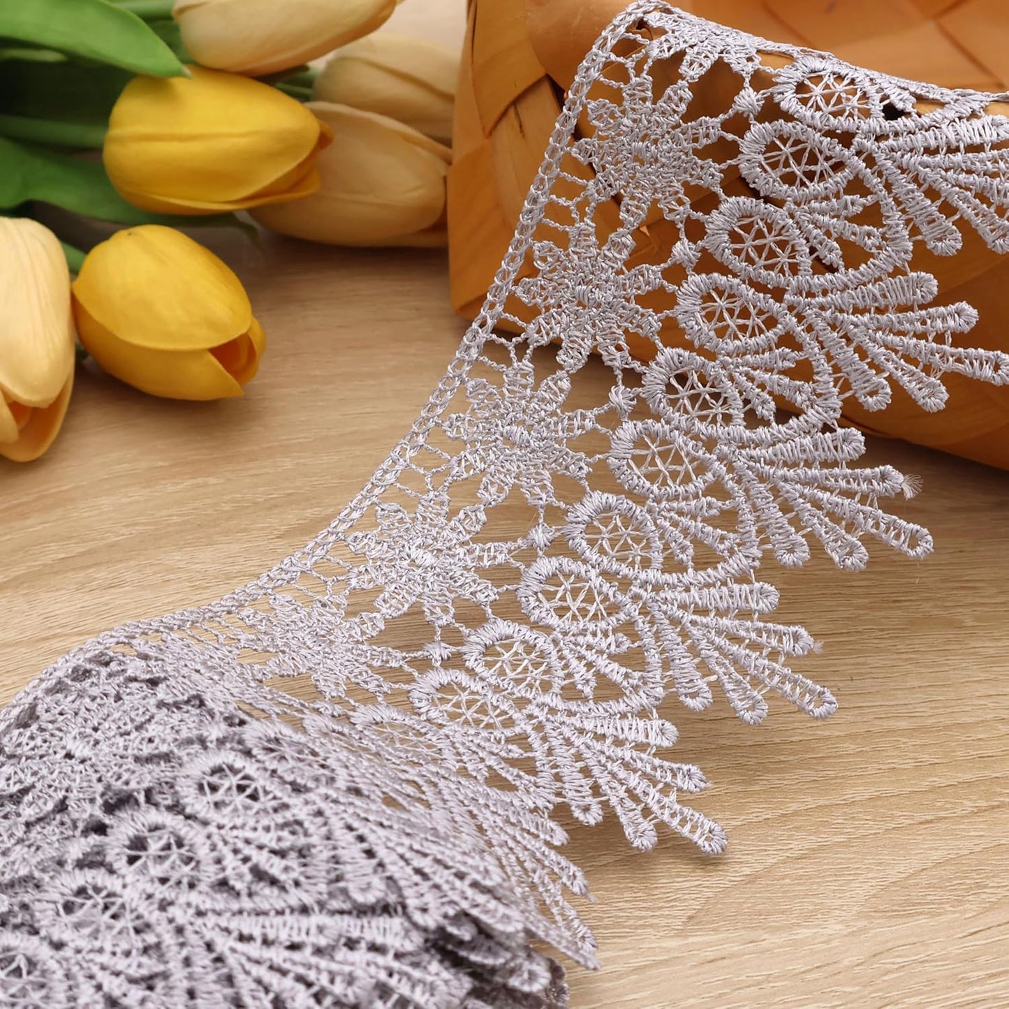 GXTIZAS Gray Lace Trim 5 Yards Wide Venise Lace Ribbon Embroidered Edge Trim for Sewing Crafts Pillow Case