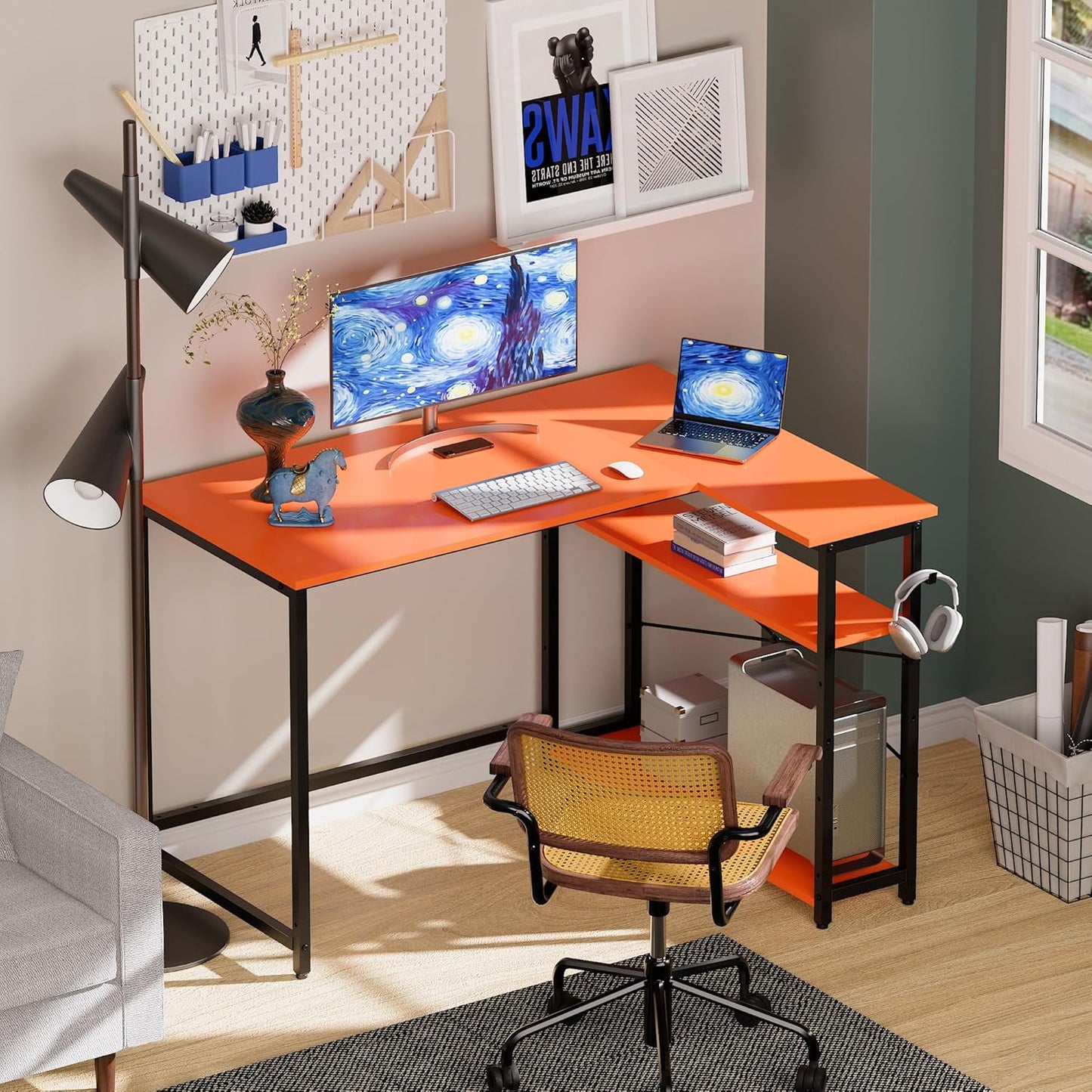 Pamray 43 Inch L Shaped Computer Desk with Reversible Side Storage Shelves, Small Corner Desk for Small Space Home Office,Writing Study PC Table for Bedroom,Orange