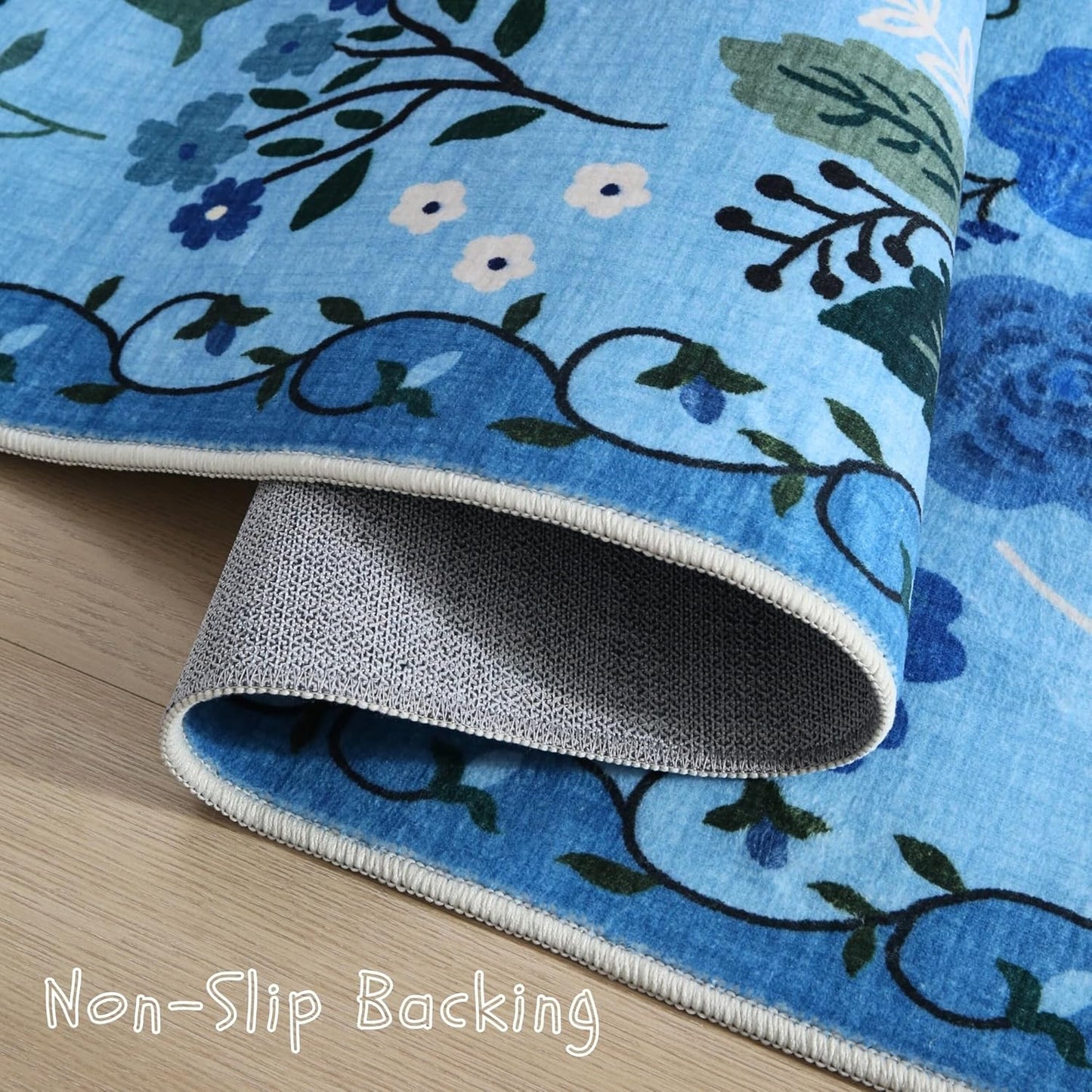 Rugcomf Bedroom Rug 3x5 Rug Washable Area Rug Non Slip Low Pile Boho Floral Small Carpet for Bedroom, Bedside, Kitchen, Entryway, Kids Room, Office, College Dorm Essentials for Girls(Blue)