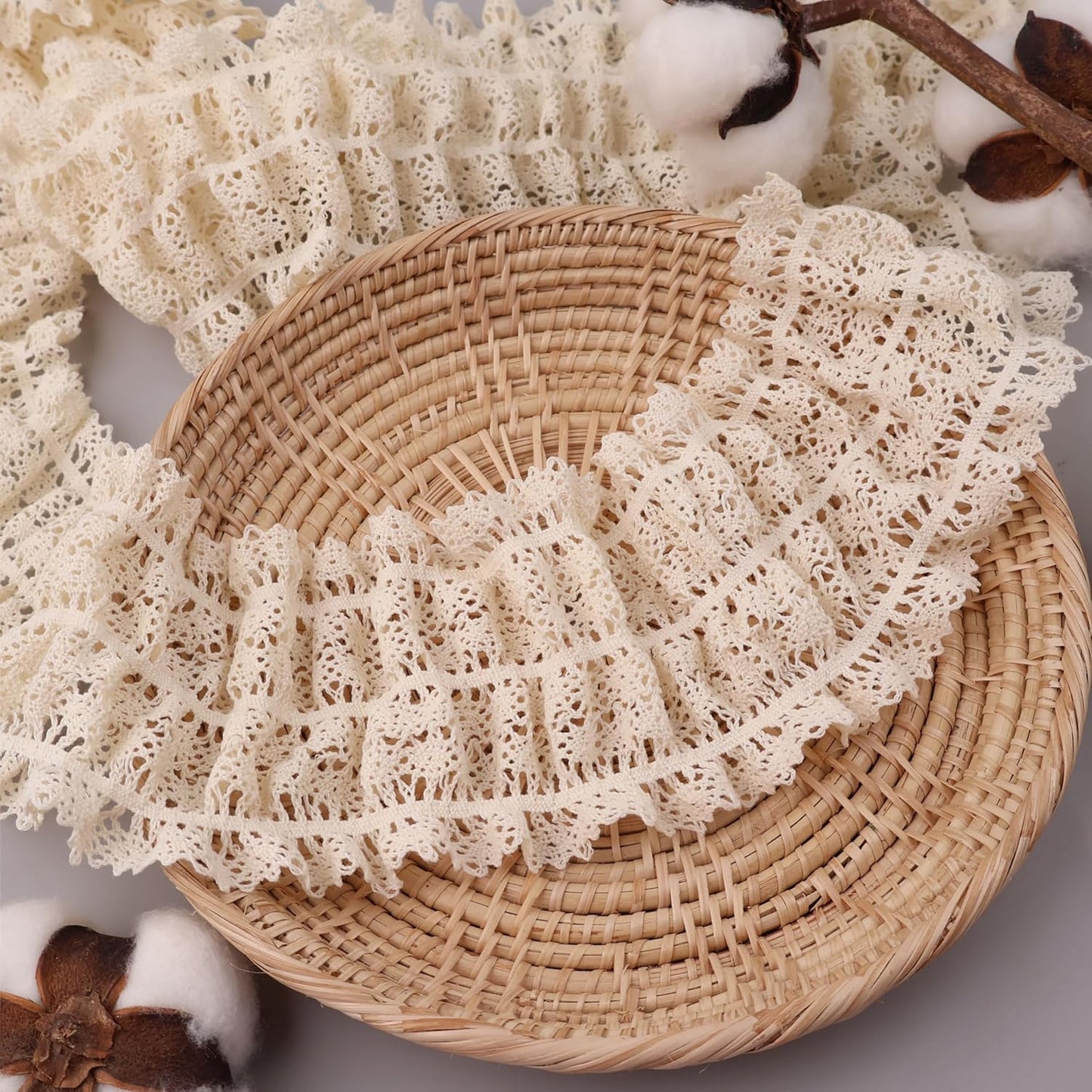 Beige Ruffle Lace Trim 3.55''x3yds Gathered Elastic Lace Ribbon for Sewing Crafts, Apparel Home Decor