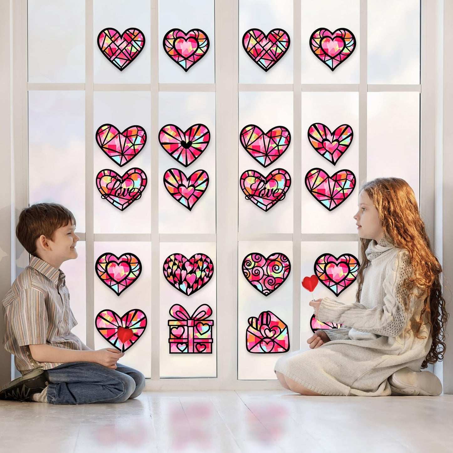 Renbuzhu 40PCS Valentines Day Crafts: Paper Heart Suncatchers, Valentine's Classroom DIY Kits, Window Stained Glass Effect Art Supplies