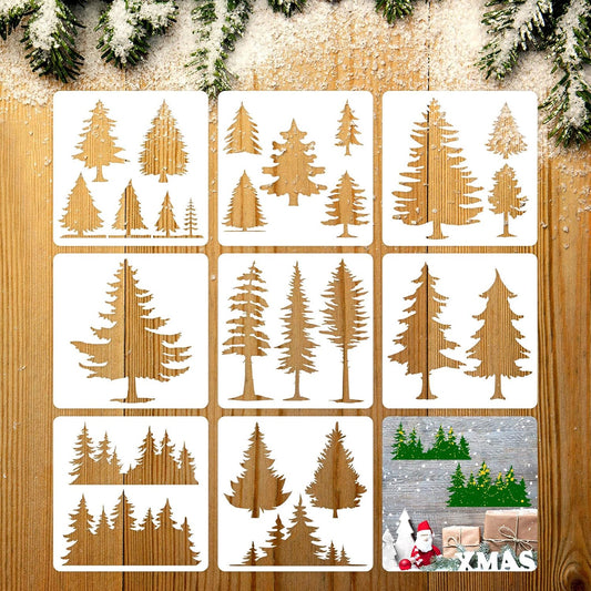 8 Pieces Pine Tree Stencils Art Painting Templates Stencils for Painting on Wood Winter Holiday DIY Wall Floor Decor Supplies (6 x 6 Inch)