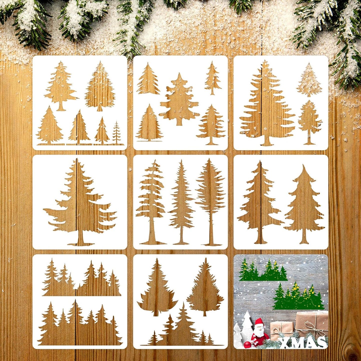 8 Pieces Pine Tree Stencils Art Painting Templates Stencils for Painting on Wood Winter Holiday DIY Wall Floor Decor Supplies (11.4 x 11.4 Inch)