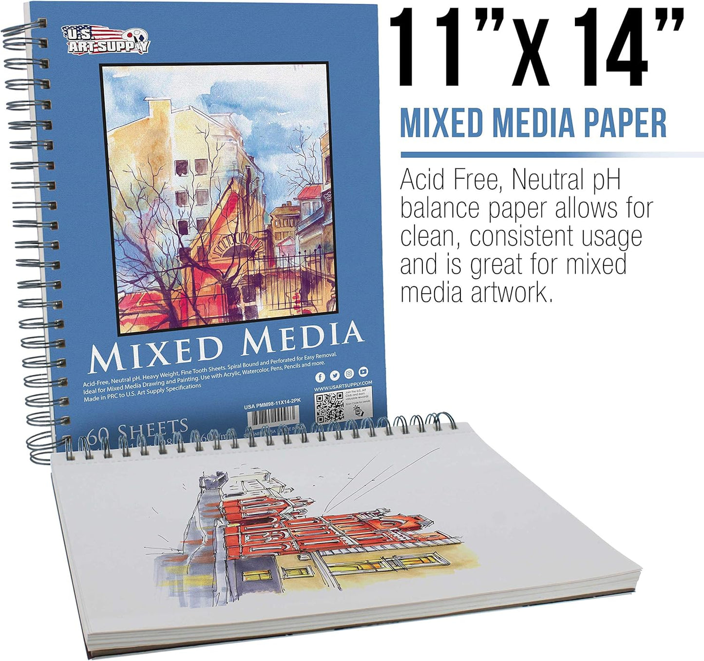 U.S. Art Supply 11"x14" Mixed Media Sketchbook, 2 Pack (60 Sheets), 98 lb (160 GSM) - Spiral-Bound Pad with Perforated Acid-Free Paper - Artist Sketch Book for Drawing, Painting, Watercolor