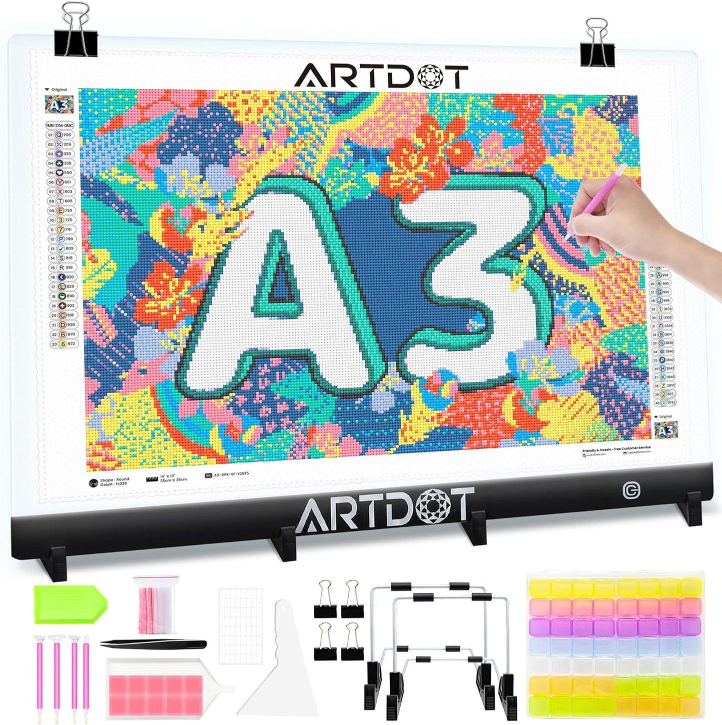 ARTDOT A3 LED Light Pad for Diamond Art Kits for Adults, USB Powered Light Board Kit, Adjustable Brightness with Diamond Painting Tools Detachable Stand and Clips