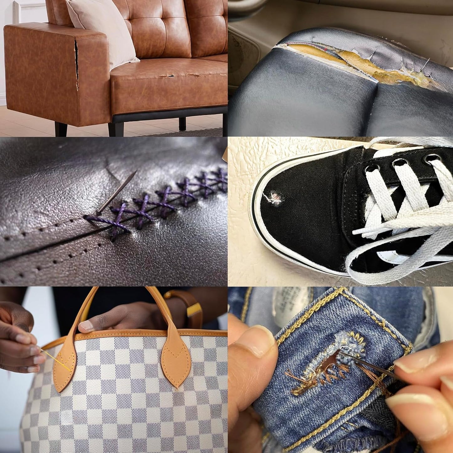 VONEEDL Heavy Duty Sewing Needles (11 PCS) & Waxed Thread (4 Different Brown Colors) - Upholstery Repair Kit for Leather, Canvas, Quilting & More