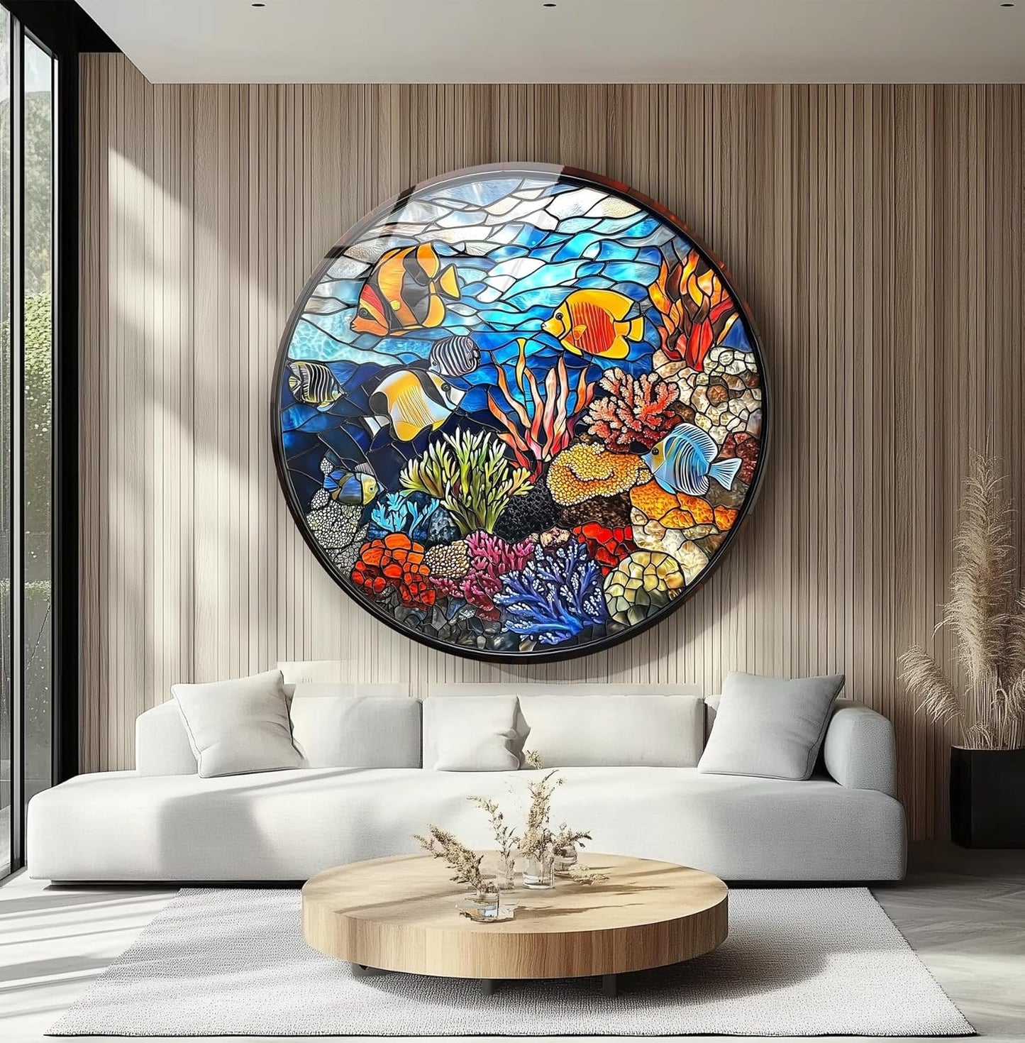 My Photostation.com 31.5''(80cm) Diameter Coral Reef Mosaic Round Glass Wall Art Tempered Glass Printing Wall Decor Large Wall Art Wall Hangings