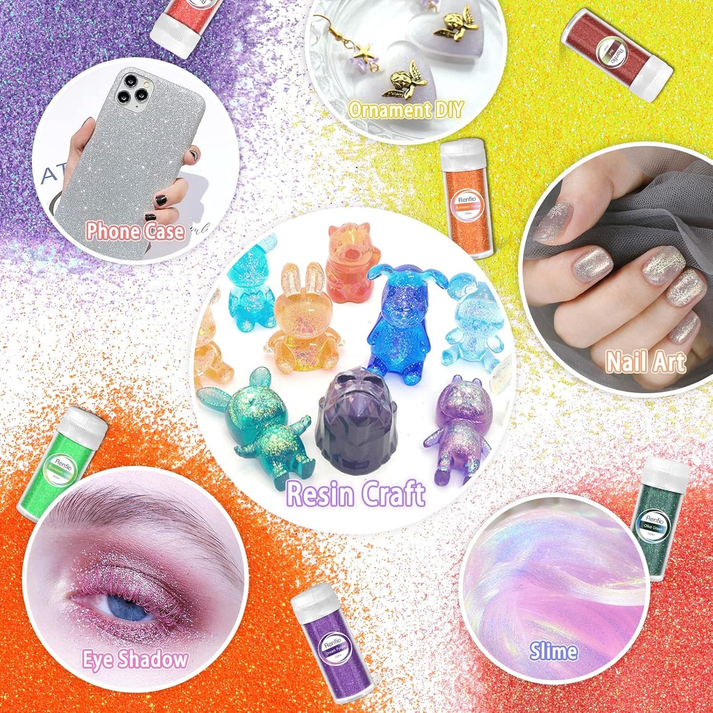 Renfio 32 Colors Iridescent Glitter Set, 16.93oz 480g Ultra Fine Glitter Powder PET 1/128" 0.008" 0.2mm Resin Suppies Assorted Craft Glitter for Fake Nails, Resin Art, Tumblers, Slime, Hair, Bomb