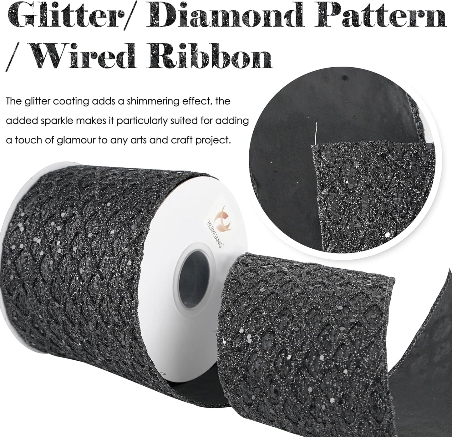 HUIHUANG Black Glitter Wired Ribbon 4 inch Black Christmas Tree Ribbon Diamond Mesh Wire Ribbon for Tree Decorations, Wreaths, Garland, Large Bows Making, Halloween Decor -10 Yards