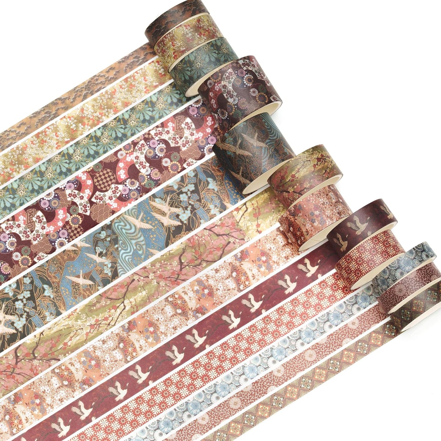 12 Rolls Kyoto Charm Washi Tape Set Japanese Arts Adhesive Tapes Geometric Garden Decorative Masking Tape Sets for Craft, Kids, Scrapbook, DIY, Gift Wrapping (Crimson Fields)