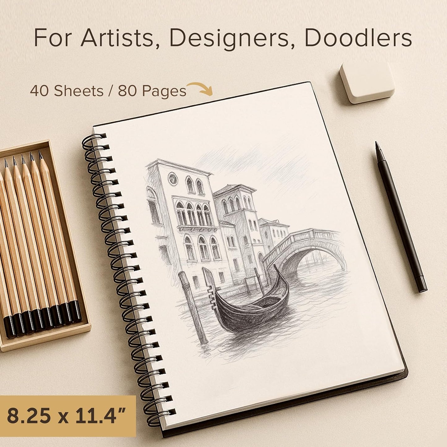 Artist’s Sketchbook Hardcover – 200GSM Very Thick Paper – Large, Spiral Sketch Book for Drawing and Mixed Media – Sketch Pad, Art Book - 8.25 x 11.4, 40 Sheets / 80 Pages