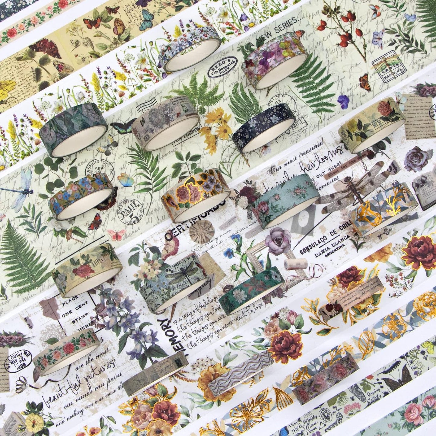 37 Rolls Vintage Washi Tape Set - Decorative Tape Floral Butterfly Mushroom Botanical,Adhesive Tape for Journaling Supplies,Scrapbooking,Junk Journal Supplies5/8/10/15/30/75mm Wide9.84ft Long/Roll