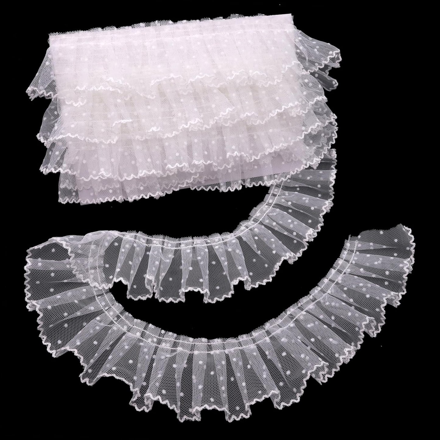 Dots Lace Ruffle Trim for Sew, Crafts 2.4" x5yd Single Layer Pleated Edge Lace Ribbon (White)