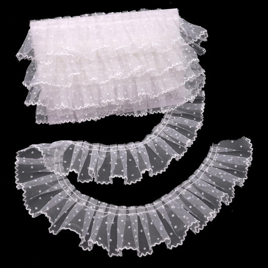 Dots Lace Ruffle Trim for Sew, Crafts 2.4" x5yd Single Layer Pleated Edge Lace Ribbon (White)