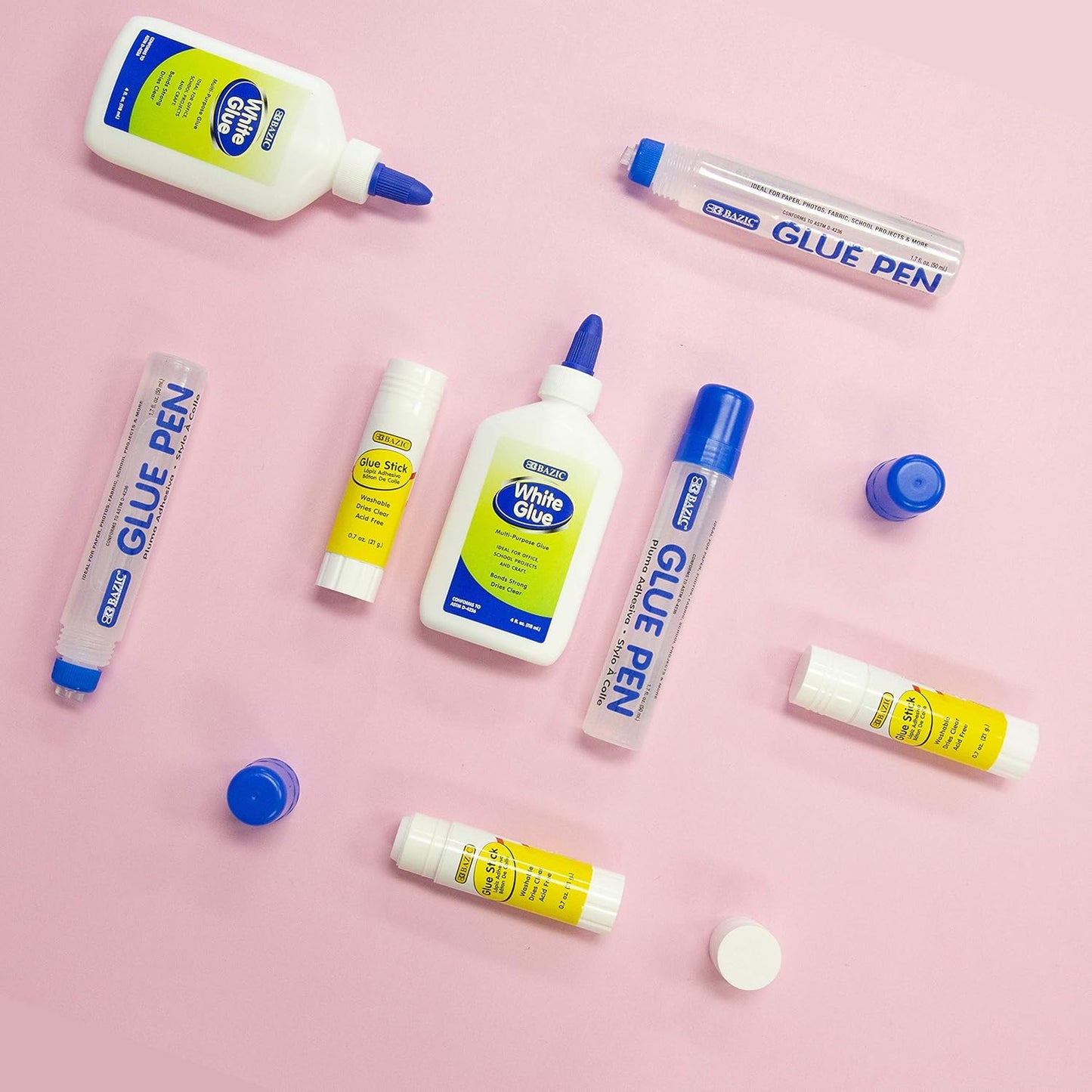 BAZIC White Glue 4oz., Clear Glue 1.7oz., Glue Stick 0.7oz., Washable Liquid Glue Pen, Multi-Purpose, for School Home Office (3/Pack), 24-Pack