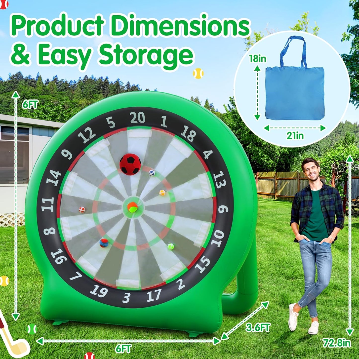 6FT Inflatable Dartboard, Giant Kick Darts Soccer Darts Golf & Throw Dart with Air Pump, Giant Outdoor Games, Blow up Soccer Dart for Yard Party Large Dartboard for Kids & Adults 20+Games
