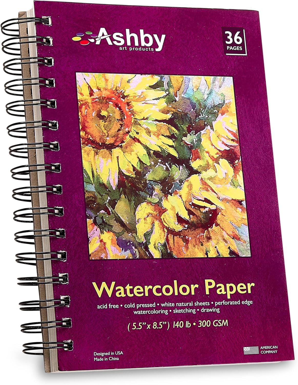 Ashby - 36 Sheets of Premium Watercolor Paper - 140lb / 300 GSM (5.5"x 8.5") - Spiral Bound, Acid-Free, Cold Press, Ideal for Most Wet & Dry Media, Artists & Students