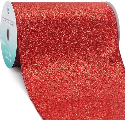 CT CRAFT LLC Glitter Wired Ribbon 6" x 10 Yards Red for Christmas Home Decor Bow Gift Wrapping DIY Crafts Wreath
