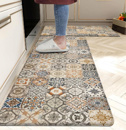 Boho Kitchen Rugs Set 2 Memory Foam Colorful Ceramic Comfort Tile Floor Mat Anti Fatigue Non-Skid PVC Runner Rug Water & Oil Proof Carpet for Kitchen Laundry Sink,17.3x28+17.3x47 Inch, C3