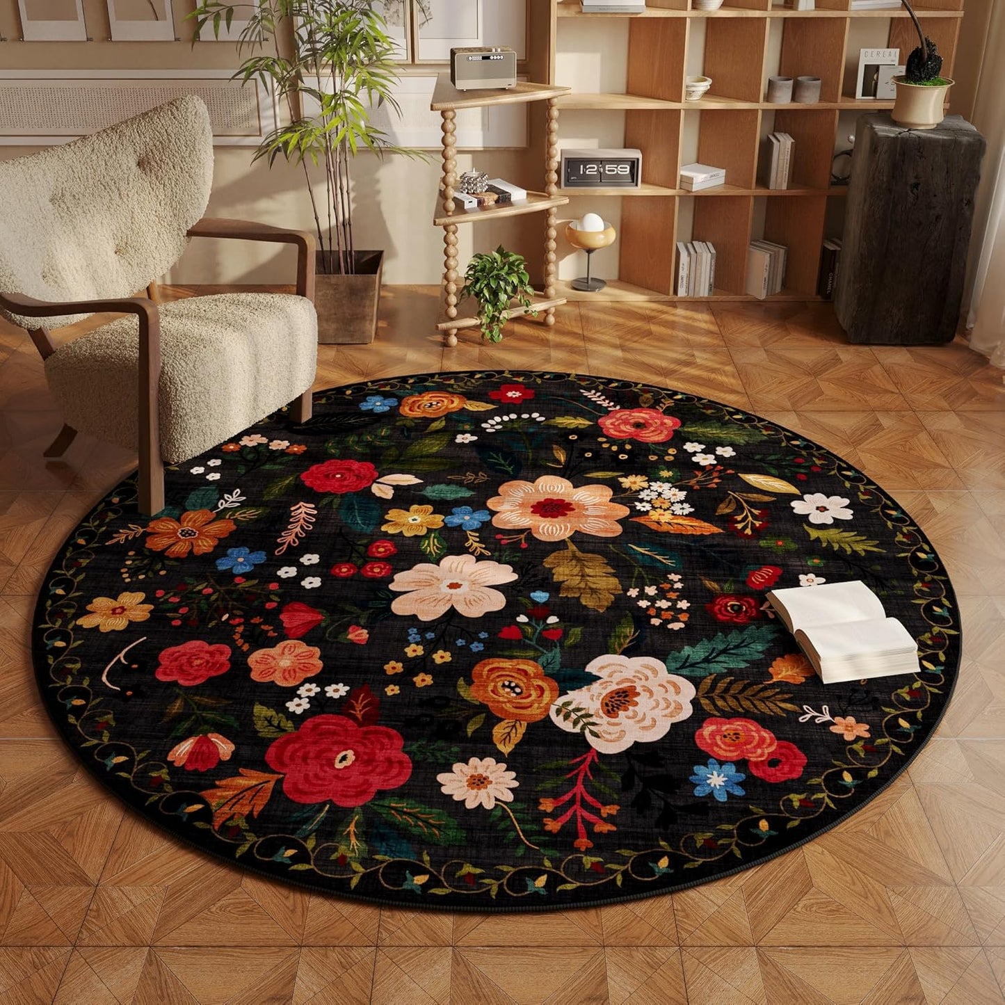Rugcomf Round Rug 6ft Washable Circle Rug Non Slip Low Pile Boho Floral Small Circular Rug for Bedroom, Bathroom, Entryway, Kids Room, Office, College Dorm(Black)