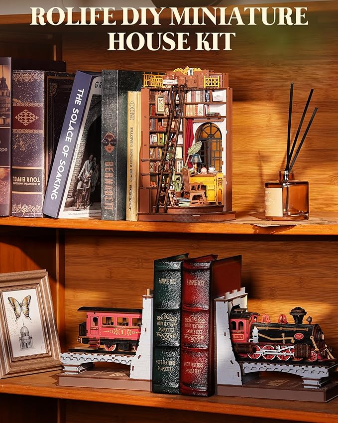 Rolife DIY Book Nook Kits for Adults, Miniature Dollhouse Booknook Kit, 3D Wooden Puzzle Creative Decorative Bookends Bookshelf Diorama Insert Crafts Hobbies Gifts (Silent Corner Study)