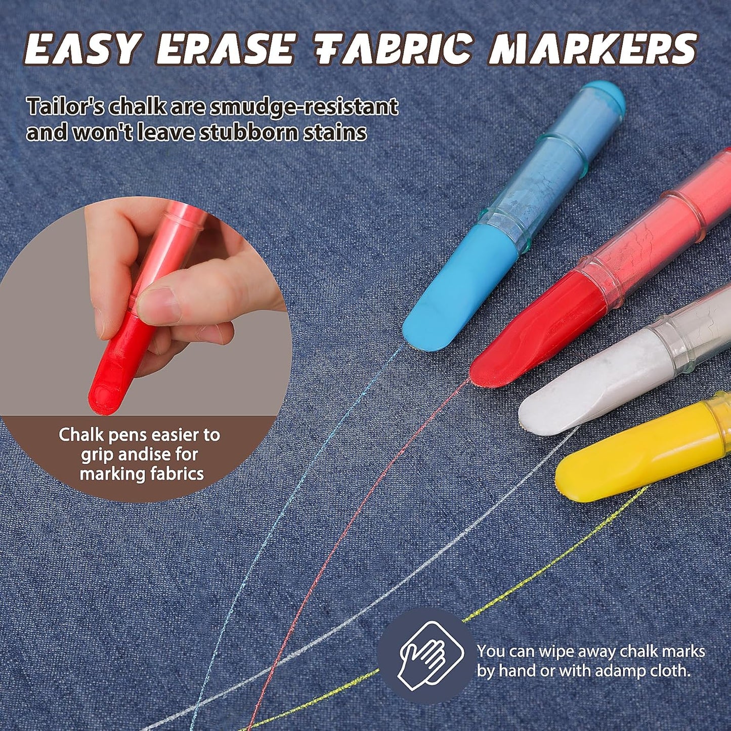 Fabric Chalk Markers for Sewing,Quilting,Crafting|Erasable Tailor Chalk|Work on Various Fabrics|Dosing Wheel Drawing Precise Line(2pk Yellow,White professional tailors chalks pencil&1Ruler)