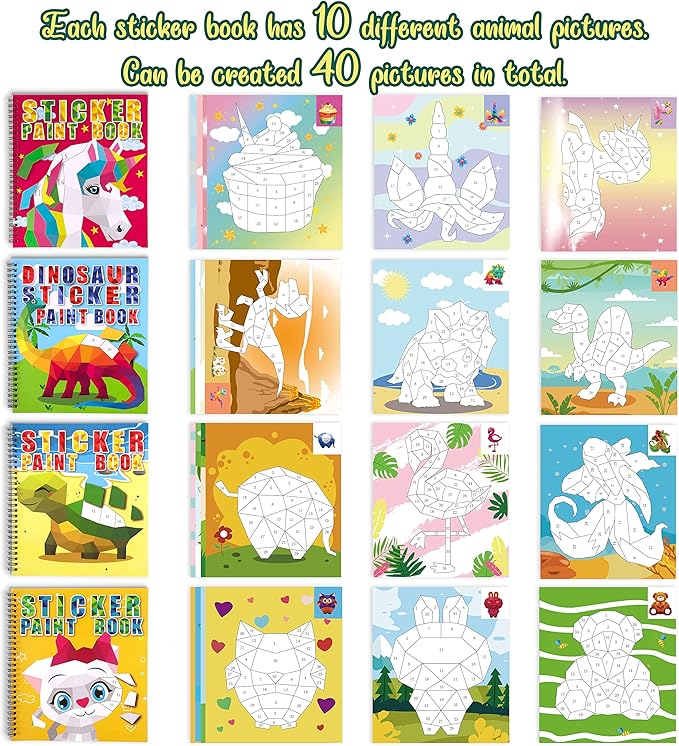 90shine 4PCS Crafts for Kids Ages 4-8 Sticker Books - Includes Dinosaur Llama Turtle and More Animal Designs Gift Party Create 40 Pictures