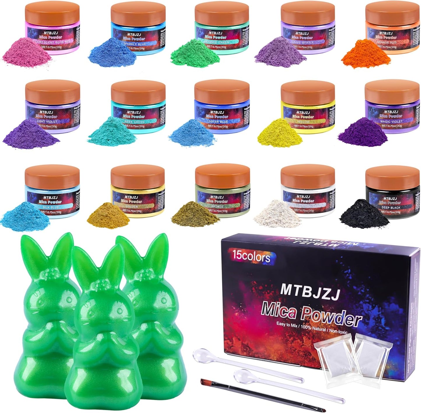 MTBJZJ Mica Powder for Resin, 15 Colors - 20g/Bottle of Epoxy Resin Color Pigment,for Candle Dye, Lip Gloss Pigment, Soap Making, Slime Colorant, Paint, Bath Bombs,Nail Polish and Eye Shadow