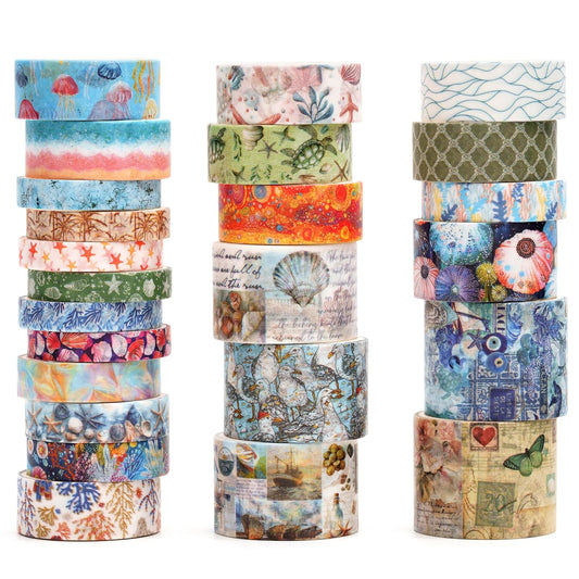 Vintage Washi Tape Set - 24 Rolls Arts Adhesive Tapes Assorted Retro Decorative Masking Tape Sets for Craft, Kids, Scrapbook, DIY, Gift Wrapping (8-Sea Treasures)