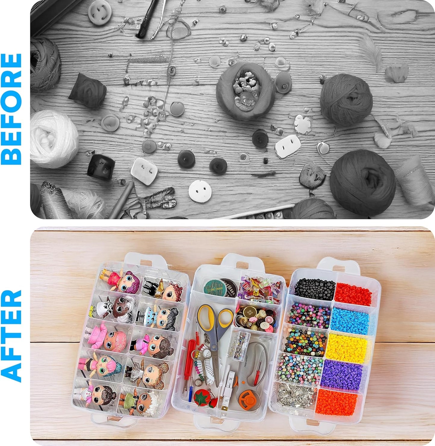 Bins & Things 3-Tier Stackable Storage Container - 30 Adjustable Slots Thread and Bead Organizer - Craft Box for Spools, Bobbins, Jewelry, Sewing, Art Supplies - Large, Clear