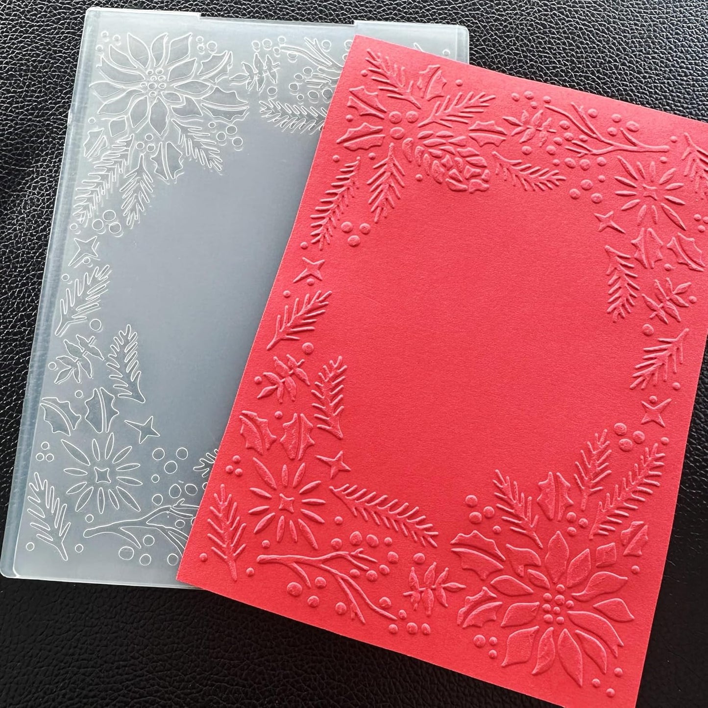 Arbuya 3D Christmas Plastic Embossing Folders for Card Making 3 d Evergreen Holly Leaves Frame Embossing Folder for Gift Tag Paper Crafting Home Decoration 5"x7"