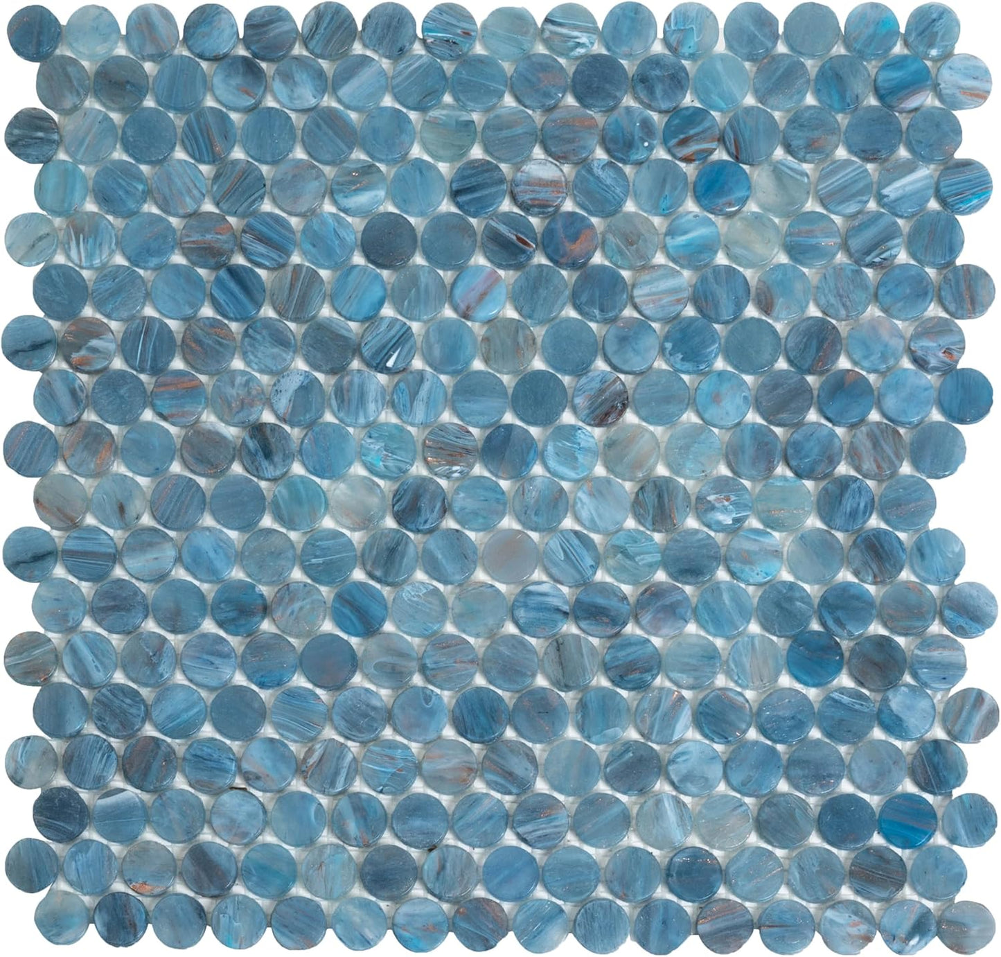 Denim Blue Penny Round Mosaic Glass Tile – 12.2 x 12.2 Inch - 10 Sheet Pack - Luxurious Design for Bathroom Walls, Kitchen Backsplash, Shower Walls - Elegant Wall Decor - NOT Peel and Stick Tile