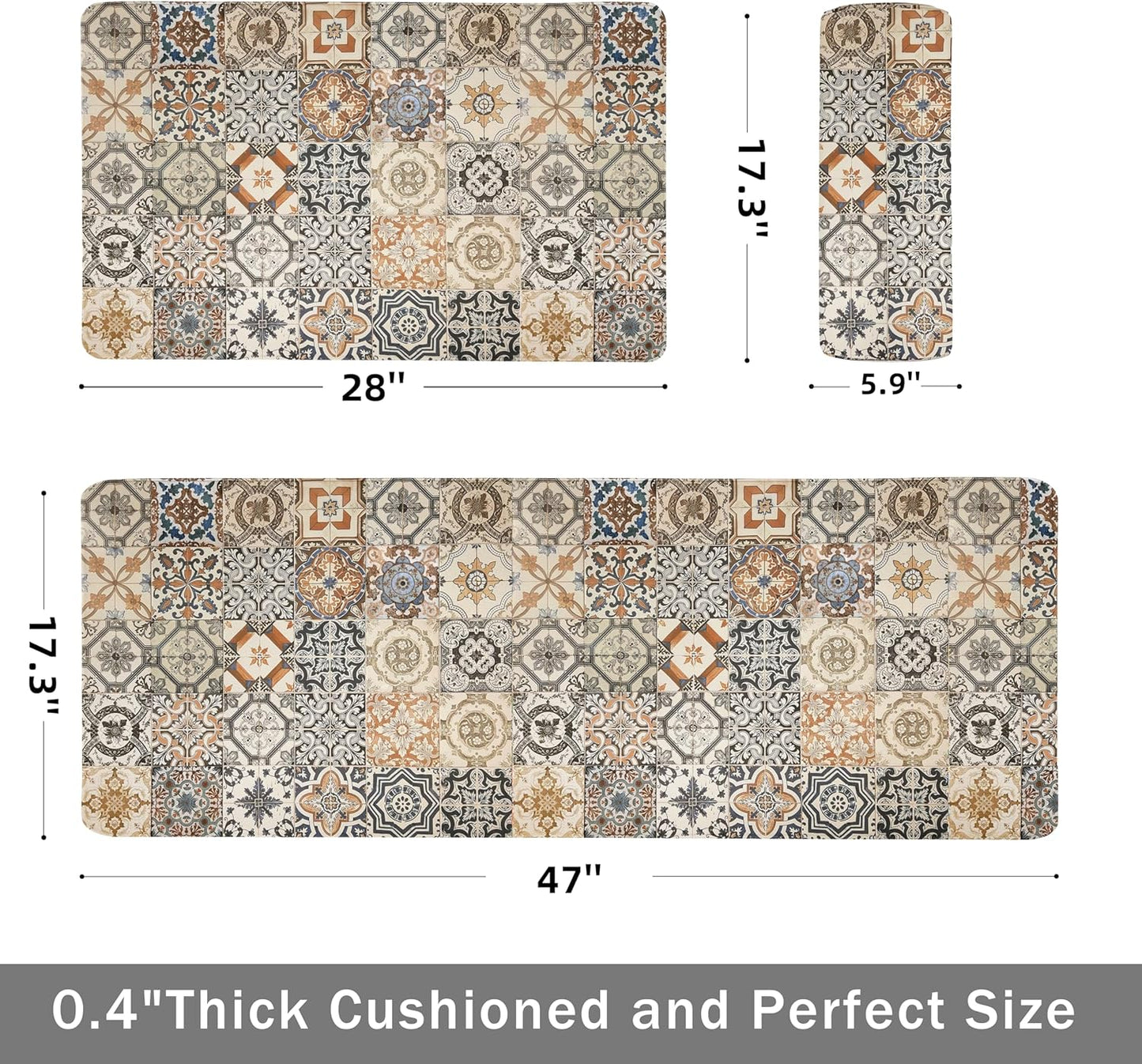 Boho Kitchen Rugs Set 2 Memory Foam Colorful Ceramic Comfort Tile Floor Mat Anti Fatigue Non-Skid PVC Runner Rug Water & Oil Proof Carpet for Kitchen Laundry Sink,17.3x28+17.3x47 Inch, C3