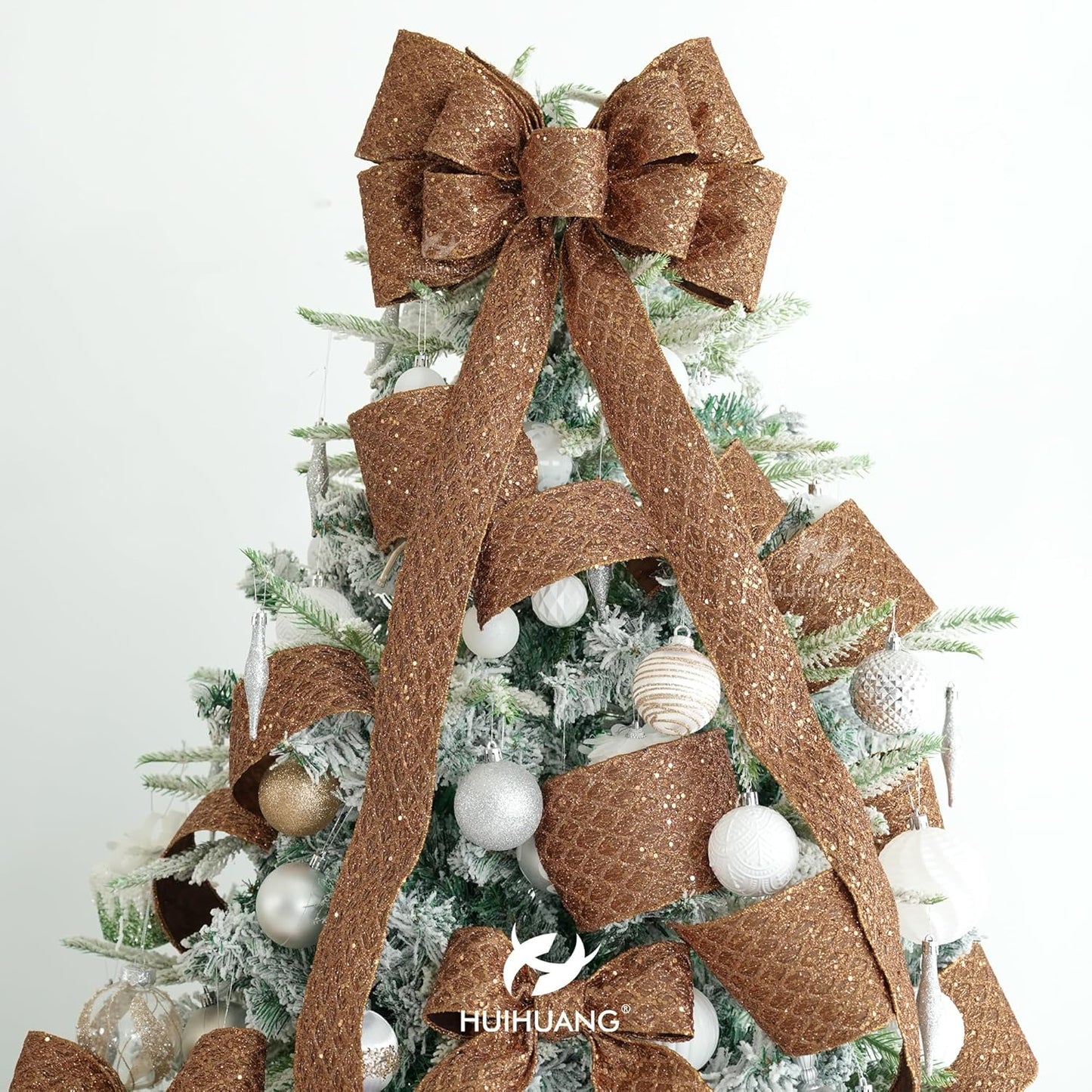 HUIHUANG Copper Wired Ribbon 4 inch Glitter Christmas Wired Ribbon Diamond Mesh Wire Ribbon for X-mas Tree Decorations, Wreaths, Garland, Large Bows Making, Thanksgiving Fall Decor -10 Yards