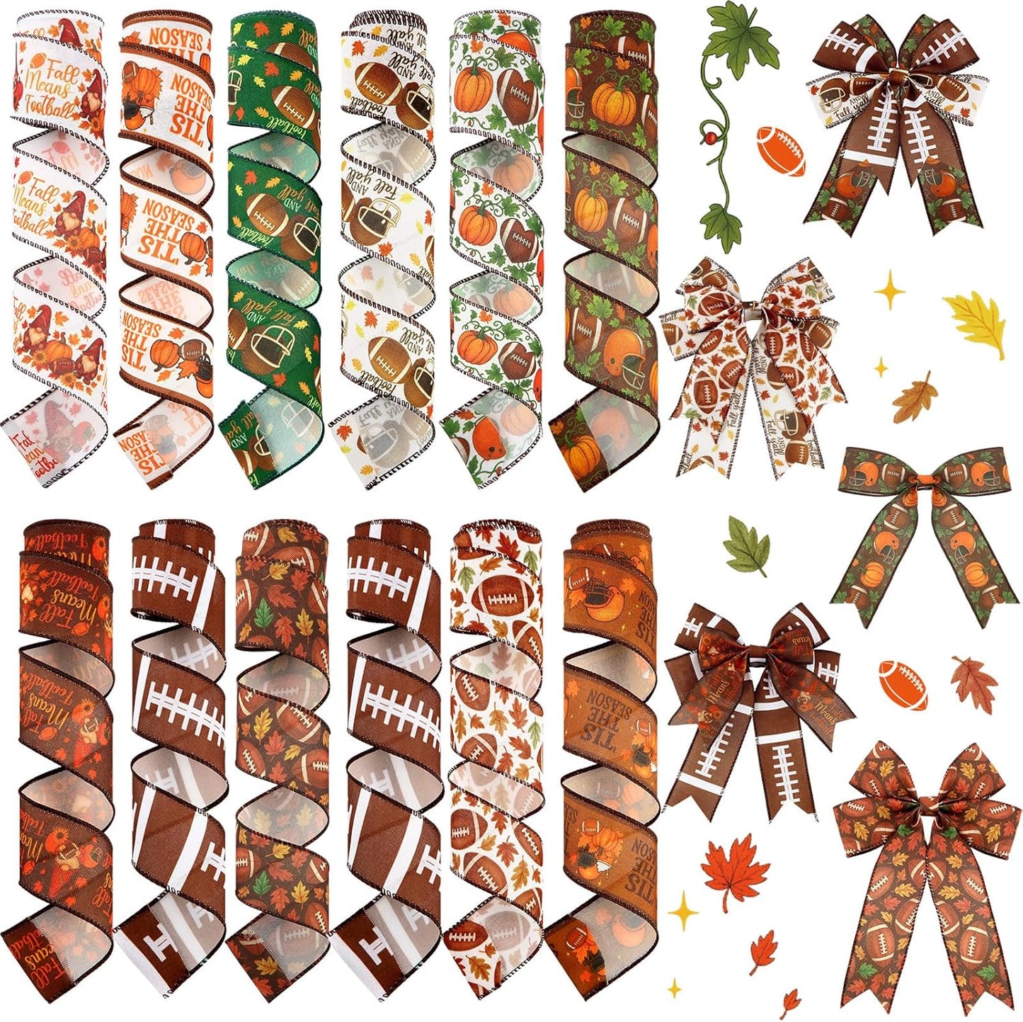 12 Rolls Fall Football Wired Edge Ribbon for Wreaths 2 Inch x 60 Yards Maple Leaves Pumpkin Football Print Ribbon Crafts for Thanksgiving Harvest Party Decorative Supplies, 12 Styles
