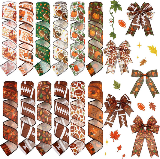 12 Rolls Fall Football Wired Edge Ribbon for Wreaths 2 Inch x 60 Yards Maple Leaves Pumpkin Football Print Ribbon Crafts for Thanksgiving Harvest Party Decorative Supplies, 12 Styles