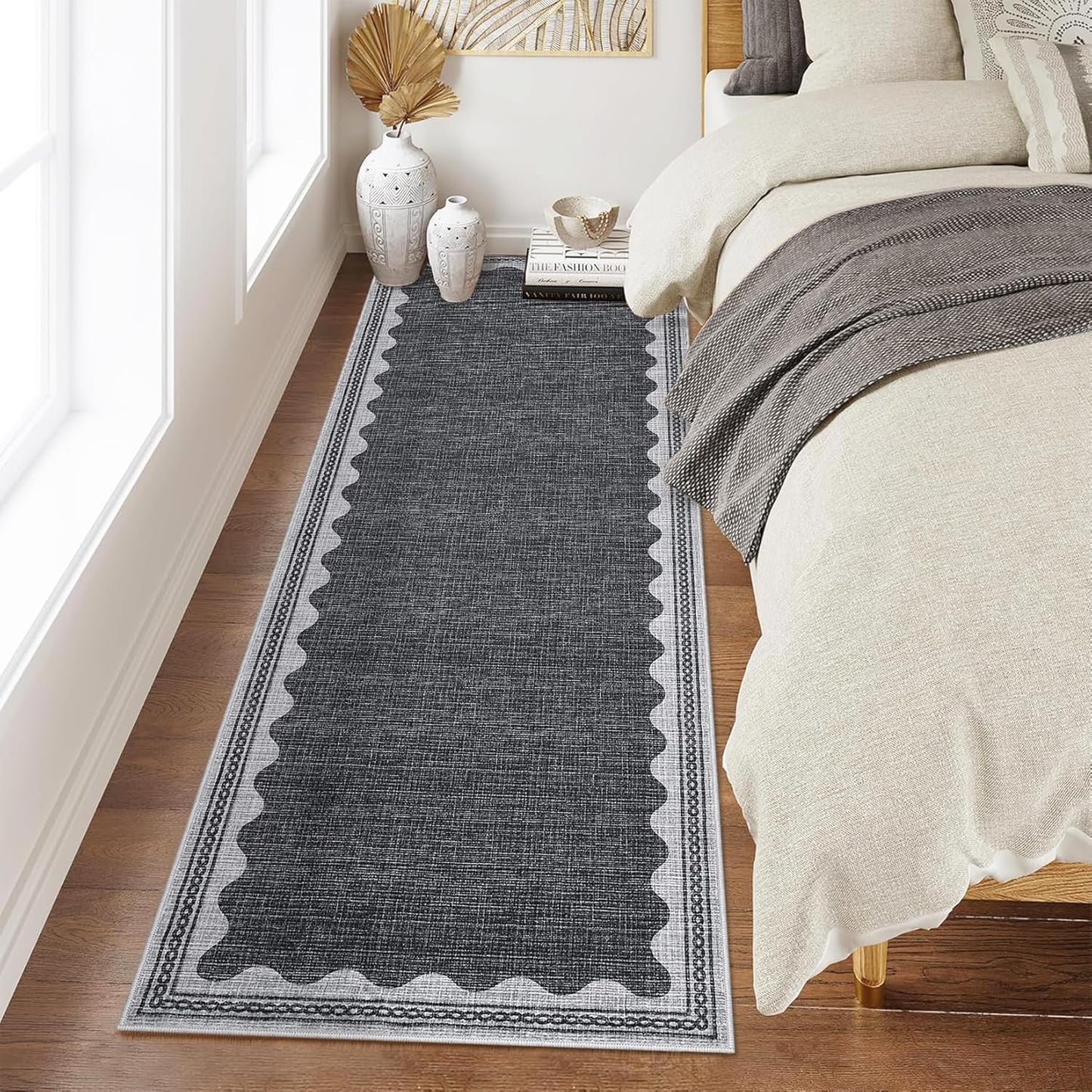 Scalloped Rug 2x6 Runners for Hallways, Solid Grey Runner Rugs Non Slip Scalloped Bath Runner, Washable Rug for Bedroom Girls, Mat for Kitchen Floor Soft Dorm Nursery Carpet for Bedside