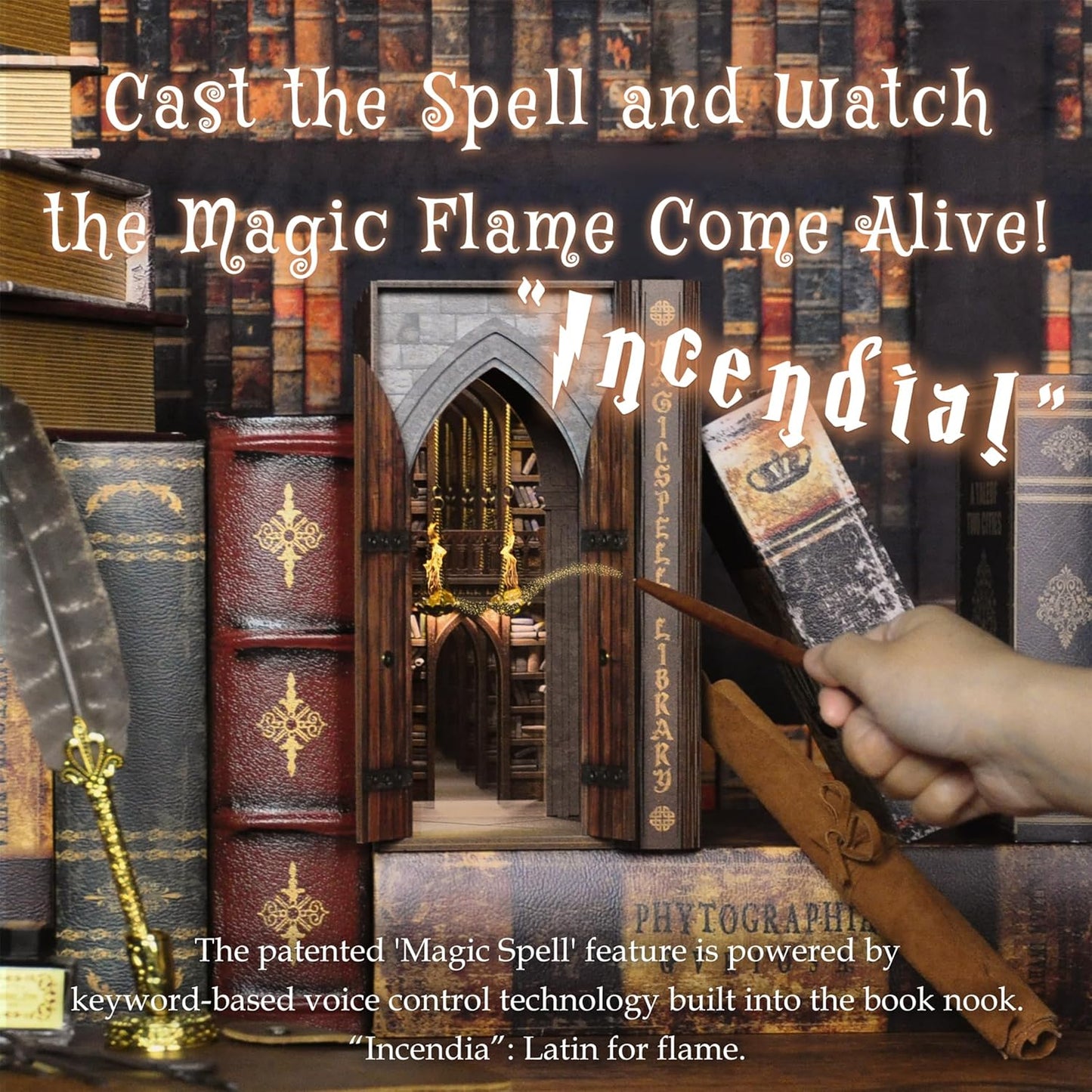 DolphinIsle Book Nook Kits for Adults, DIY Booknook Bookshelf Decor Magic Spell Library with Flame Illusion