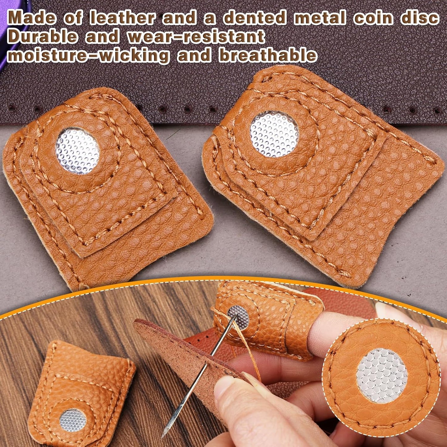 Ftyiwu Sewing Thimble, Hand Sewing Thimble with Storage Box, Adjustable Metal Sewing Thimble, Leather Finger Protector, DIY Hand Sewing Tool Accessories