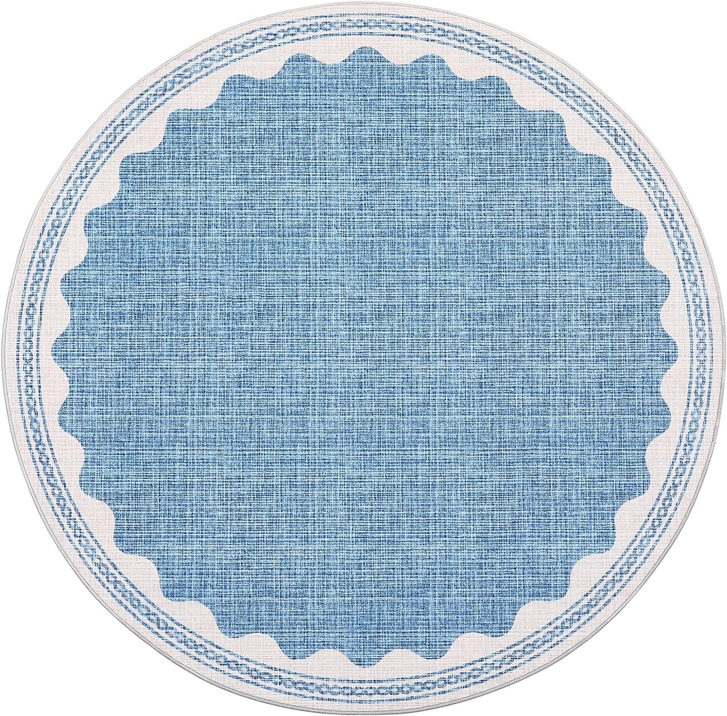 Scalloped Round Rug 6ft, Small Area Rugs Solid Blue Rug for Bedroom Girls, Washable Rugs for Living Room, Non Slip Scalloped Round Bath Mat, Soft Dorm Nursery Carpet for Bedside