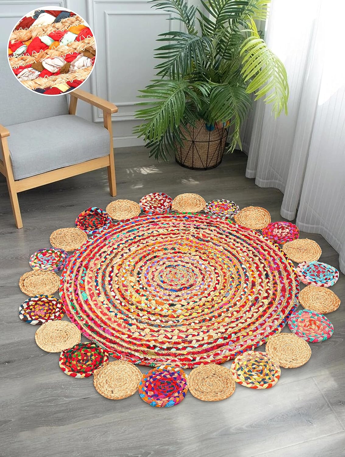 4' Round Handwoven Jute Chindi Area Rug - Colorful Boho Rugs for Living Room - Hand Braided Multicolor Bohemian Rug for Farmhouse, Bedroom, Dining Room, Classroom, Hallway, Kitchen, Office
