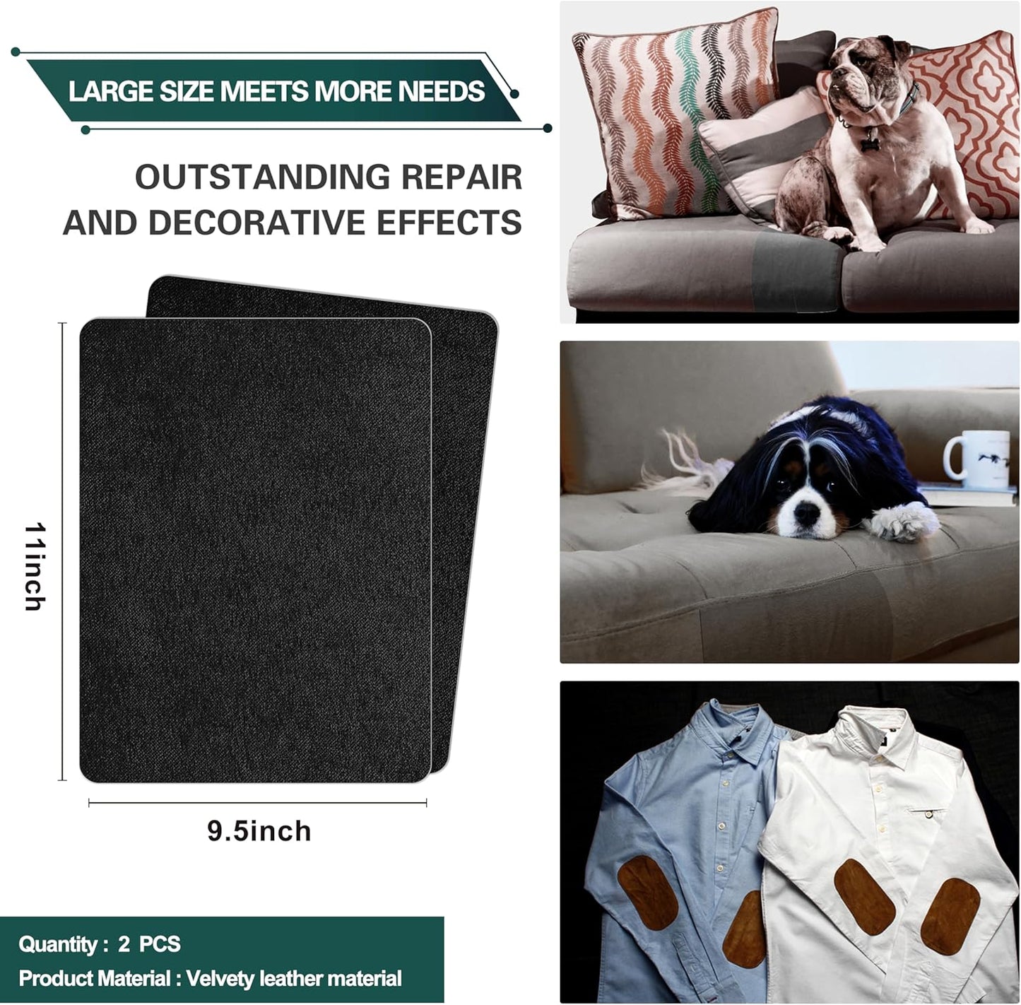 Azobur Couch Patch Repair Fabric,Microfiber Fabric, Self-Adhesive, for Sofa Repair and Upholstery, 2 Pieces, 9.5 x 11 inches (Black)