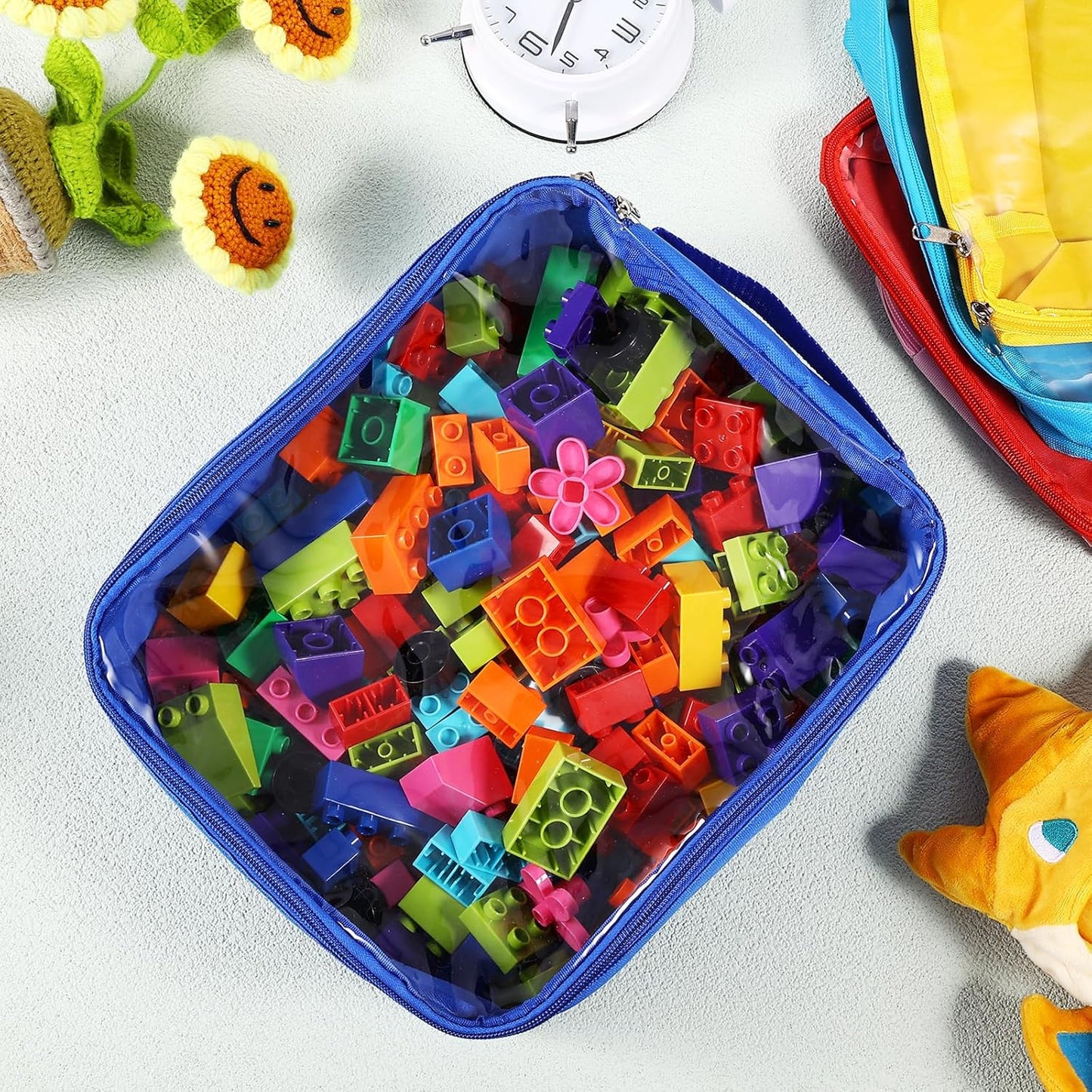 8 Packs Toy Storage Bags with Zipper, Clear PVC Organizing Bags, Reusable Toy Storage Organizer with Portable Handle, Travel Waterproof Organizer Bags for Building Blocks, Puzzle, Toys and Books