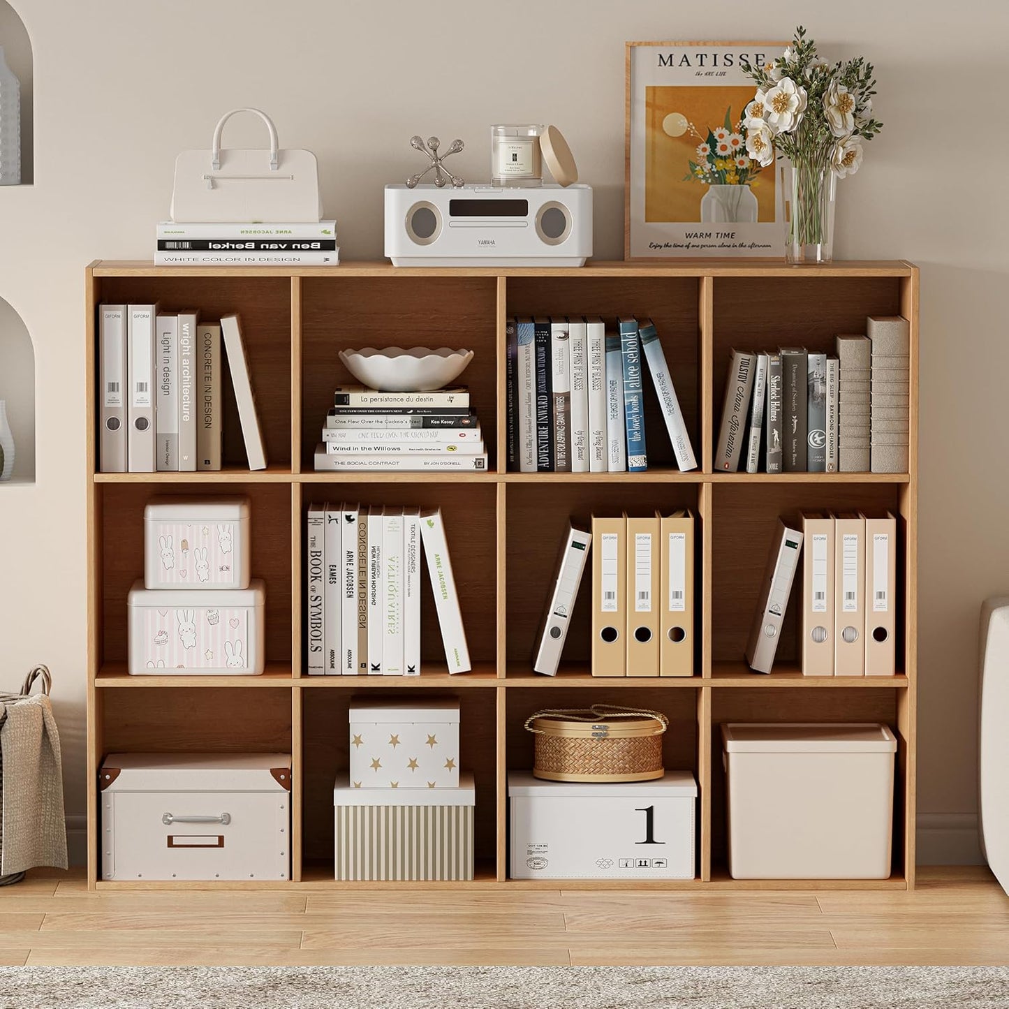 Wooden Cube Storage Organizer with Closed Back Panel, 11in Cube Shelf Opening, Bookshelf, Display Shelf,Closet Cabinet for Home and Office (Natural Oak, 12-Cube 35.98L*9.45W*47.72H)