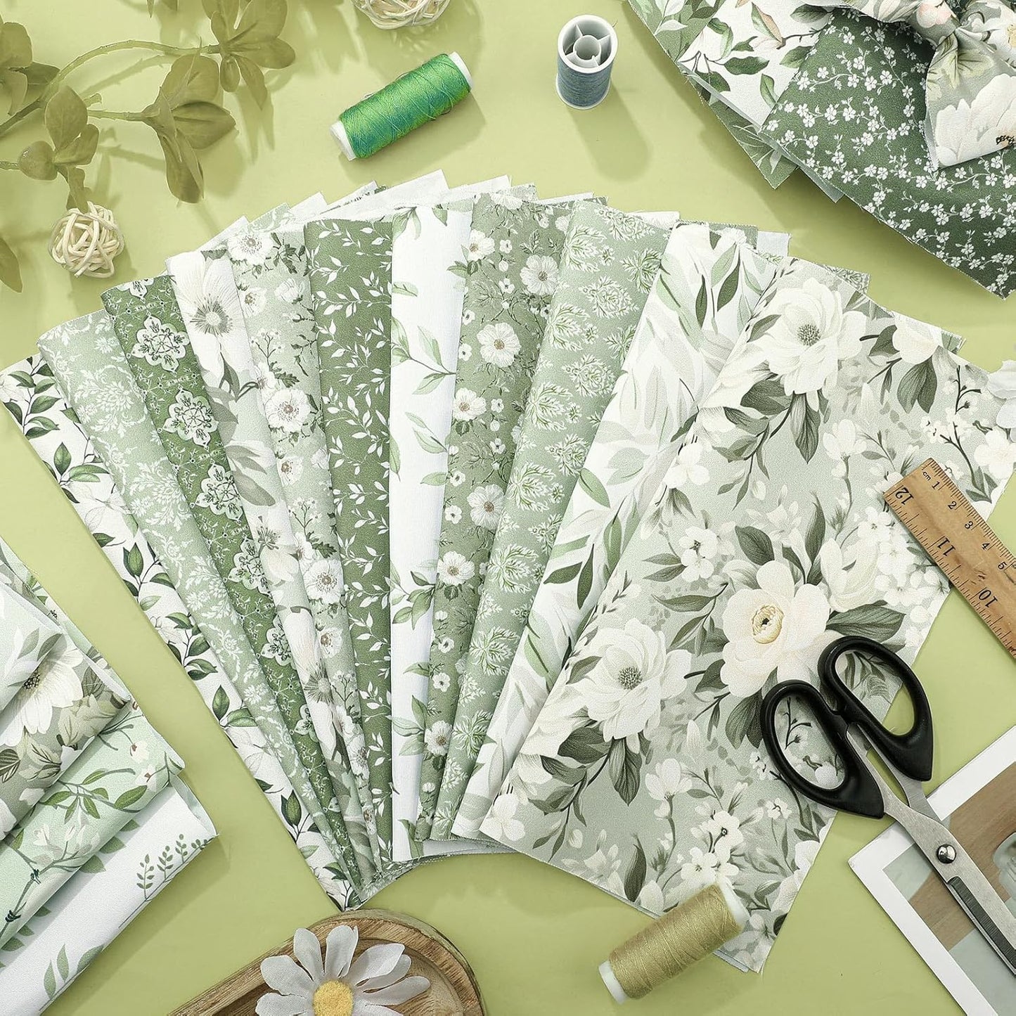 Ganeen 60 Pcs 10 x 10 Inch Sage Green Floral Quilting Fabric Squares Vintage Greenery Fat Patchwork Precut Strips Retro Eucalyptus Printed Fabric Bundles for Holiday DIY Craft Sewing Quilt Material
