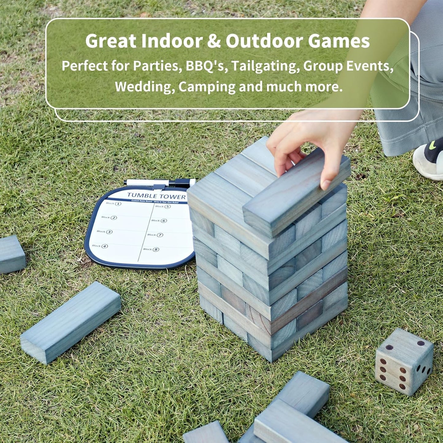 ApudArmis 60 PCS Giant Tumble Tower Stack to 5Ft, Pine Wooden Stacking Timber Game with 1 Dice Set - Classic Block Giant Outdoor Game for Teens Adults Family (Gray)